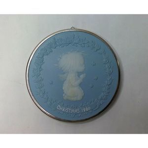 Vintage 1980 Rossetti Blue Christmas Prayer Angel Child Ornament Round 3"